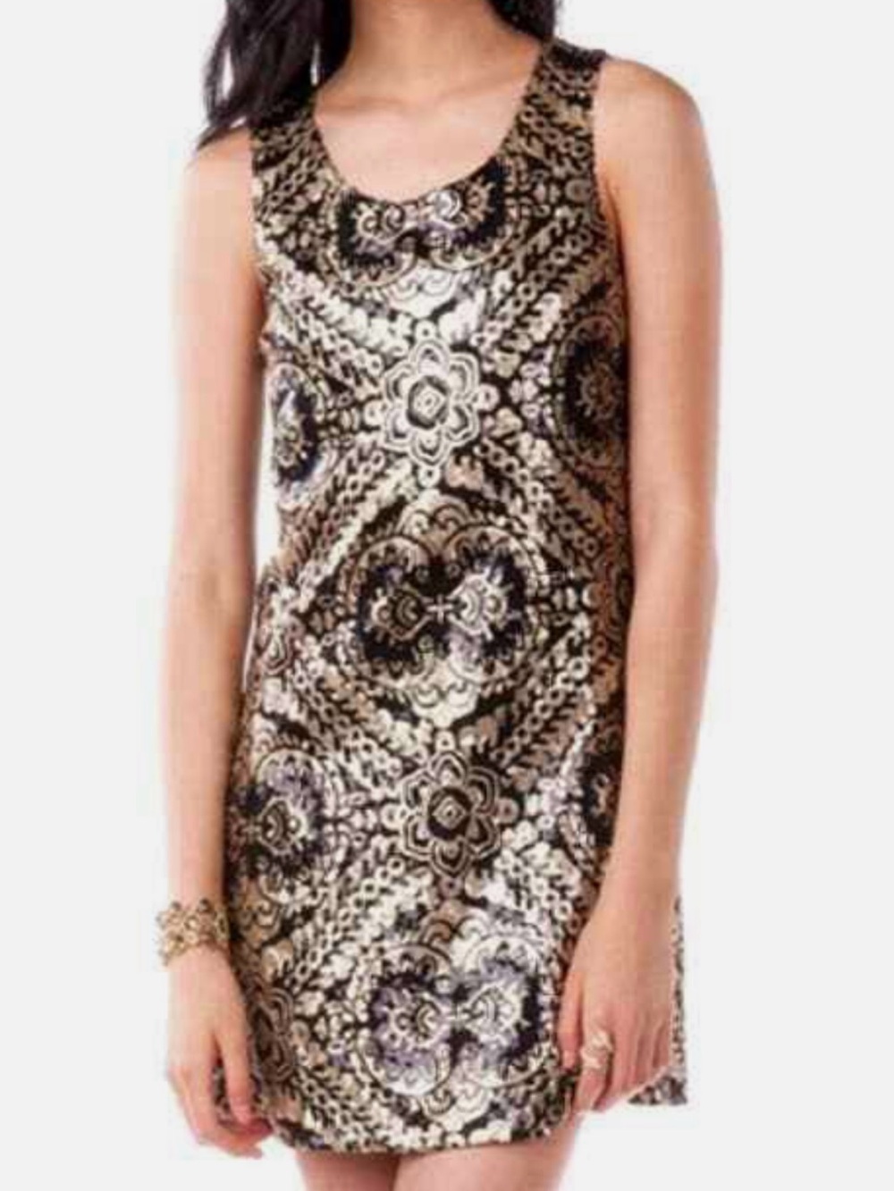 Miami Gold & Black Sequin Floral Shift Mini Dress